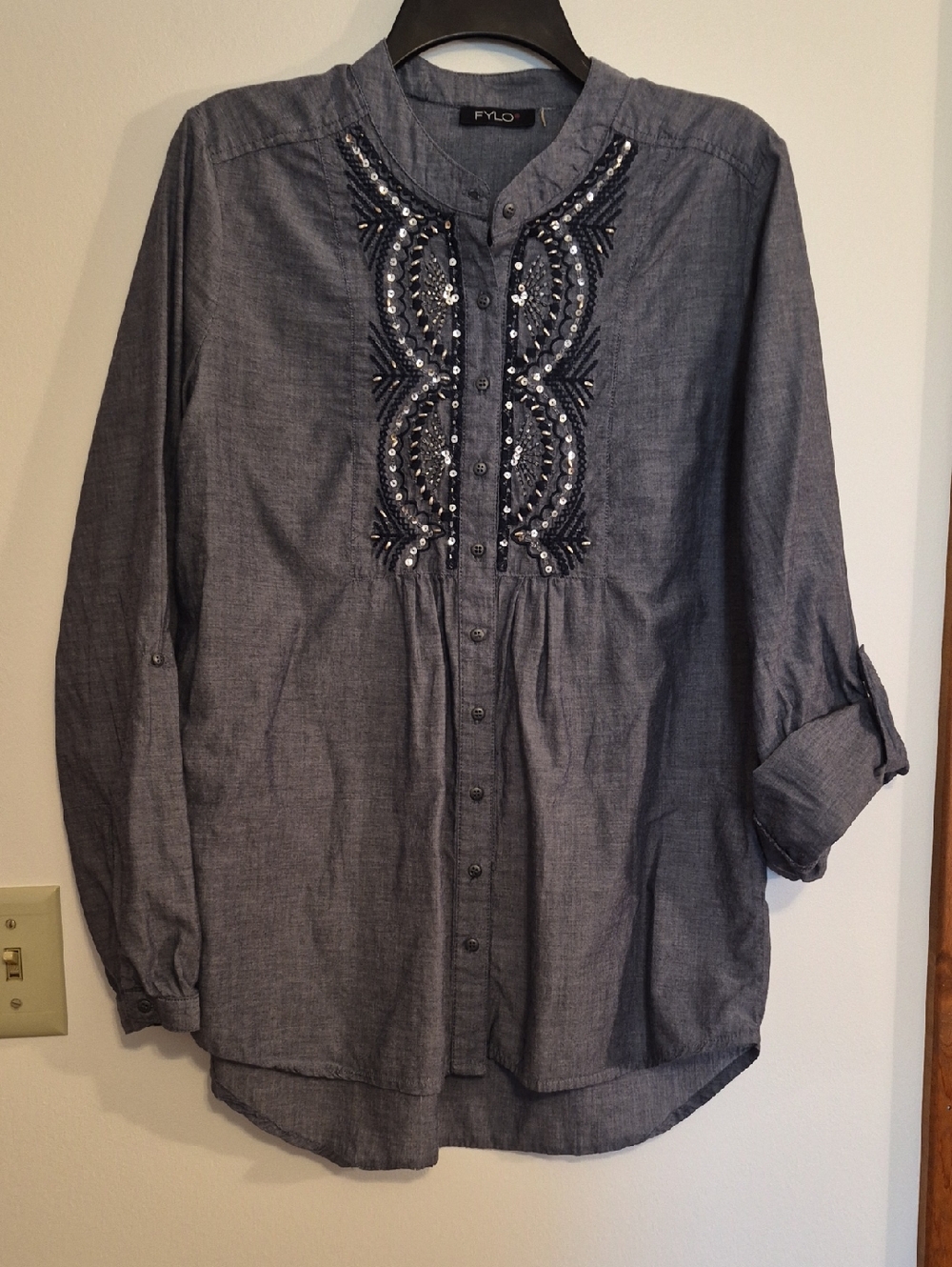 FYLO Charcoal Gray Embellished Button-Down Tunic SZ M